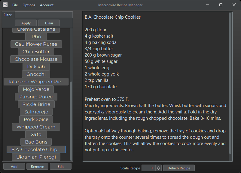 The recipe selection screen