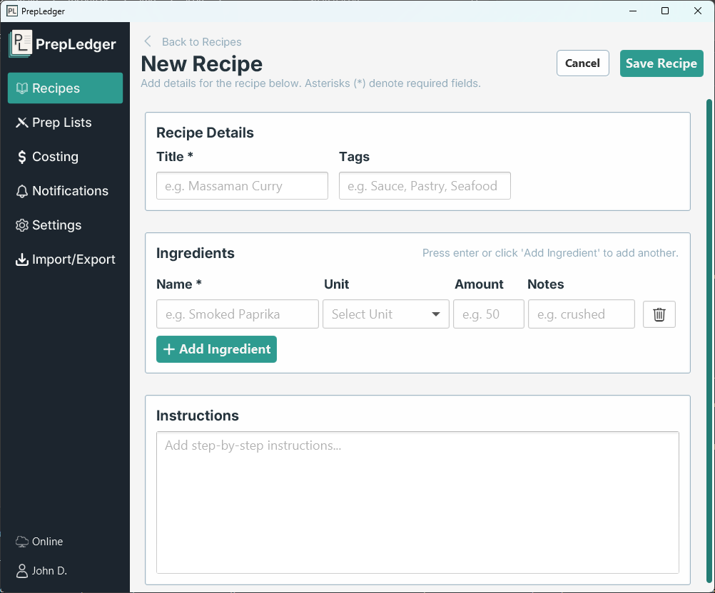 New Recipe screen