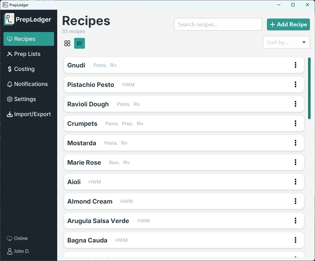 View Recipes screen
